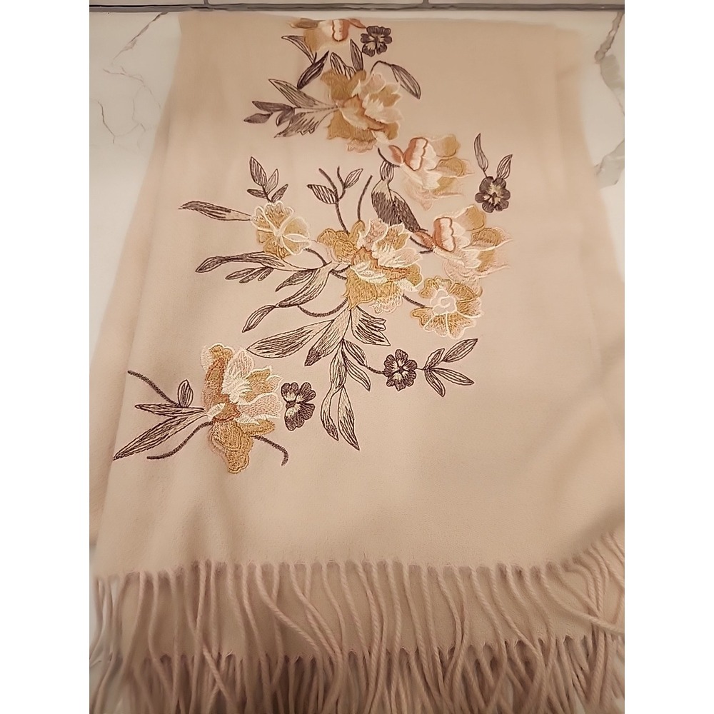 100% Wool Floral Embroidered Long Rectangle Scarf Cream Tan Oatmeal Approx 78x23 - Picture 2 of 9